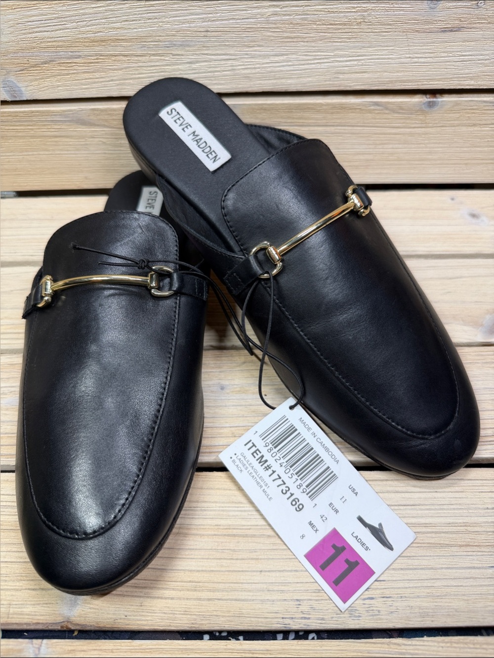 Steve Madden Black Leather Slip-On Mule Loafers with Gold Bit Size 11